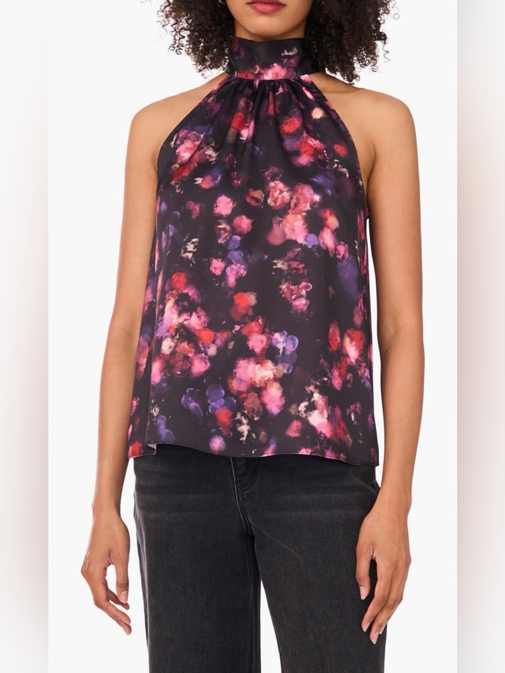 1.State Tie Back Sleeveless Halter Top Size XS Black/Pink Floral Details NWT